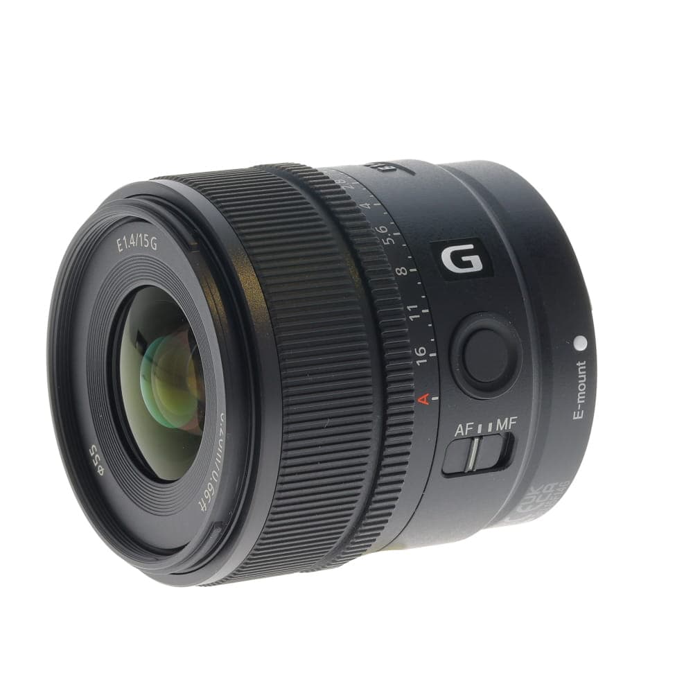 Sony E 15mm f/1.4 G Autofocus APS-C Lens for E-Mount, Black | 55 | SEL15F14G - LN- - Like New Minus - With Caps, Hood | Used