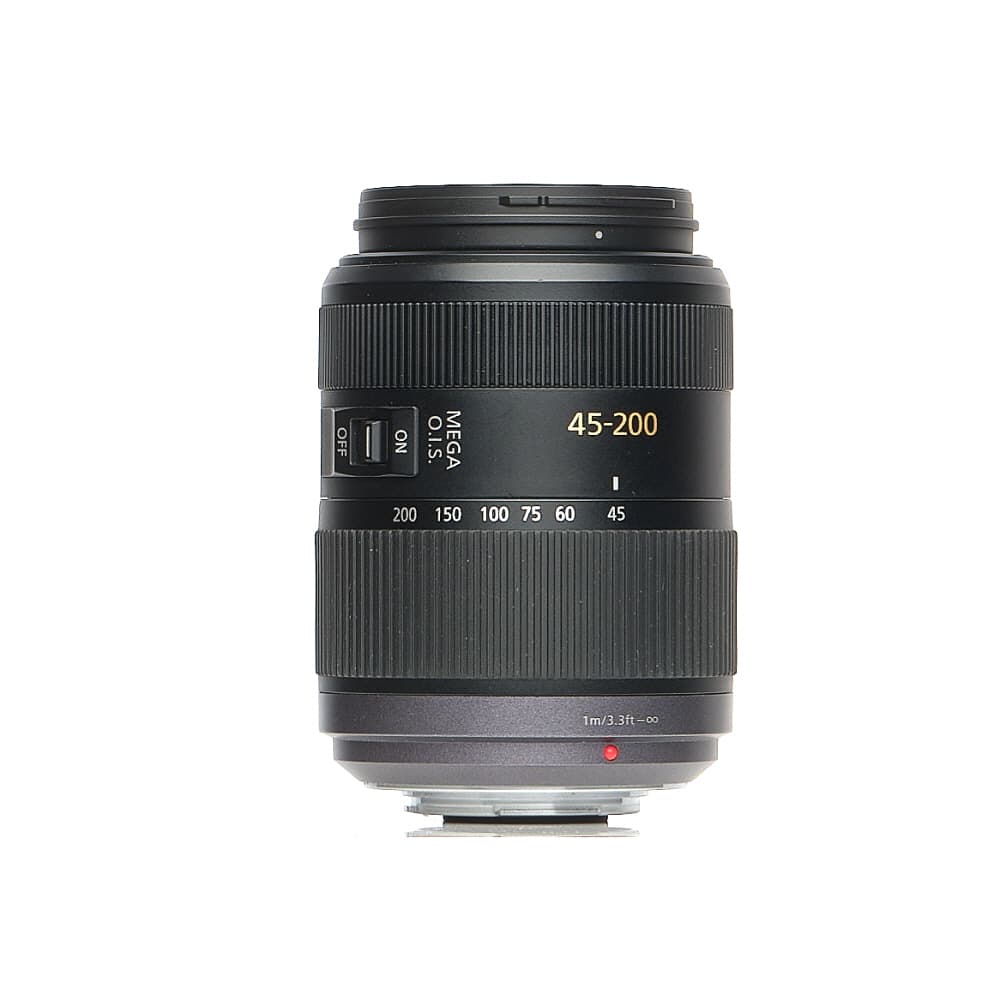 Panasonic Lumix G Vario 45-200mm f/4-5.6 Mega O.I.S. Lens for MFT (Micro Four Thirds), Black/Dark Silver | 52 | - EX+ - Excellent Plus - w/ Caps and Hood