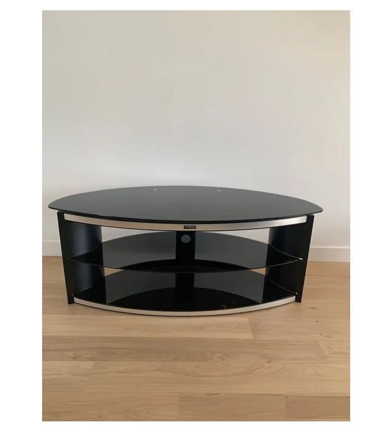 console meuble design multimedia télé 81 à 127cm 3 Étagères verre et metal courbes ellipse appareil électronic tablette max 50kg armature central passe-câble matériau qualité style moderne noir pratic