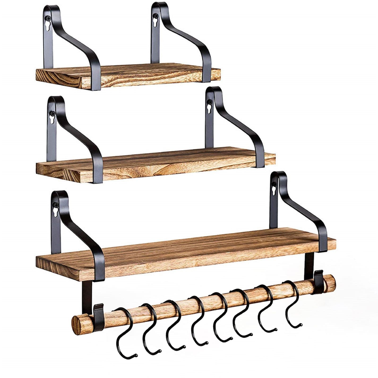 Étagère Flottante Lot de 3, étagère Murale Antirouille 8 Crochets Amovibles, Mur Etagères de Rangement 48x18x21cm, Naturel