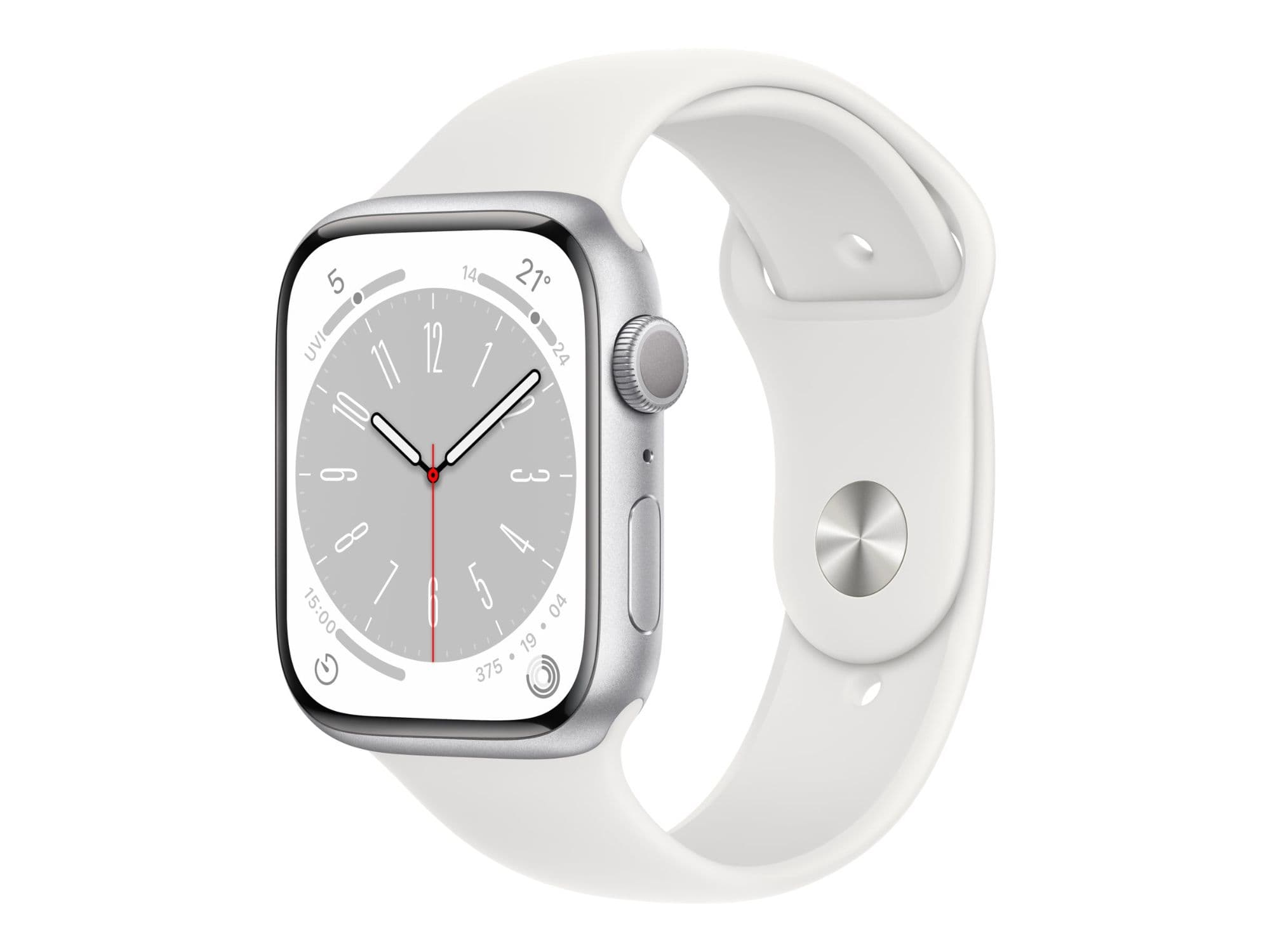 Apple Watch Series 8 (GPS) - Boîtier 45 mm Aluminium Argenté avec Bracelet Sport Blanc
