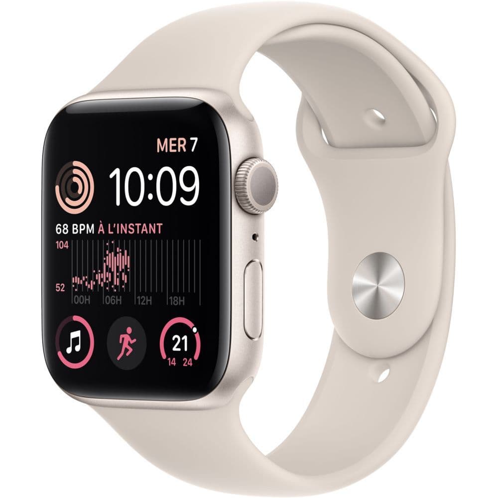 Apple Watch SE (2e génération) GPS - Boîtier Aluminium Lumière Stellaire 44 mm - Bracelet Sport Lumière Stellaire