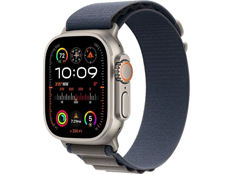 Apple Ultra 2 GPS + Cellular - Boîtier Titane 49 mm Titane naturel/bleu - Bracelet S