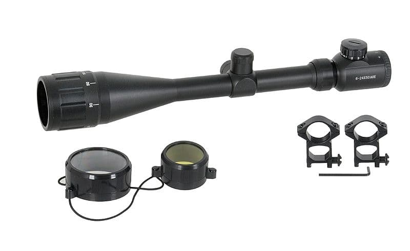 LUNETTE DE VISEE ECLAIREE 10 NIVEAUX UMINOSITE ROUGE ET VERT ZOOM 6-24 x 50 AOE SUR ANNEAUX MONTAGE HAUT POUR REPLIQUE FUSIL AIRSOFT AVEC RAIL STANDARD M51615142