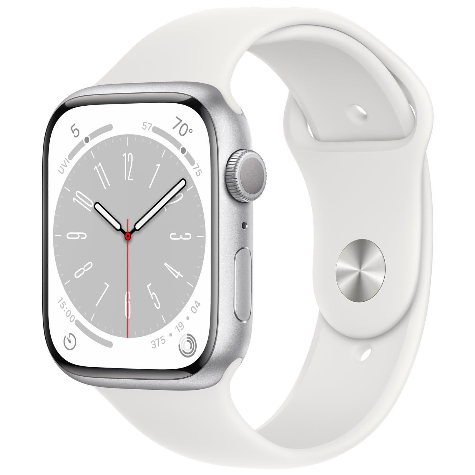 Apple Watch Series 8 (GPS) - 45 mm - aluminium argenté - Montre connectée avec bracelet sport - fluoroélastomère - blanc - taille du bracelet : Normal - 32 Go - Wi-Fi, Bluetooth - 38.8 g