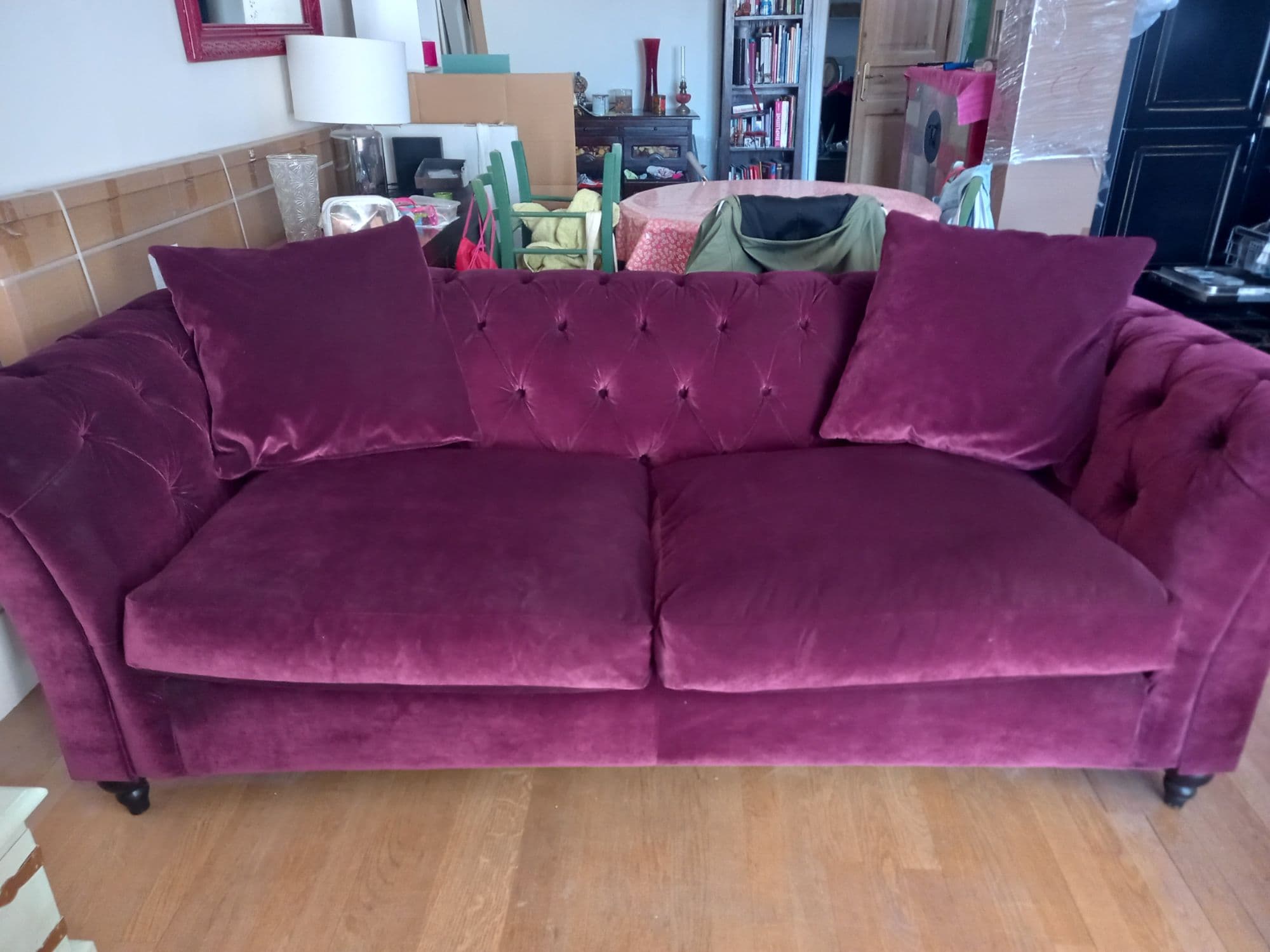 Canape Chesterfield 3 Places Velours Rouge Merlot