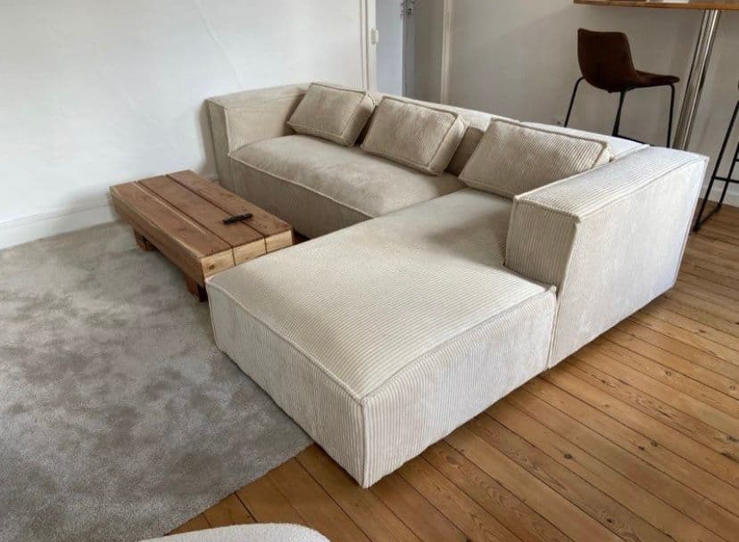 Canapé d'angle droit 4places en velours côtelé beige