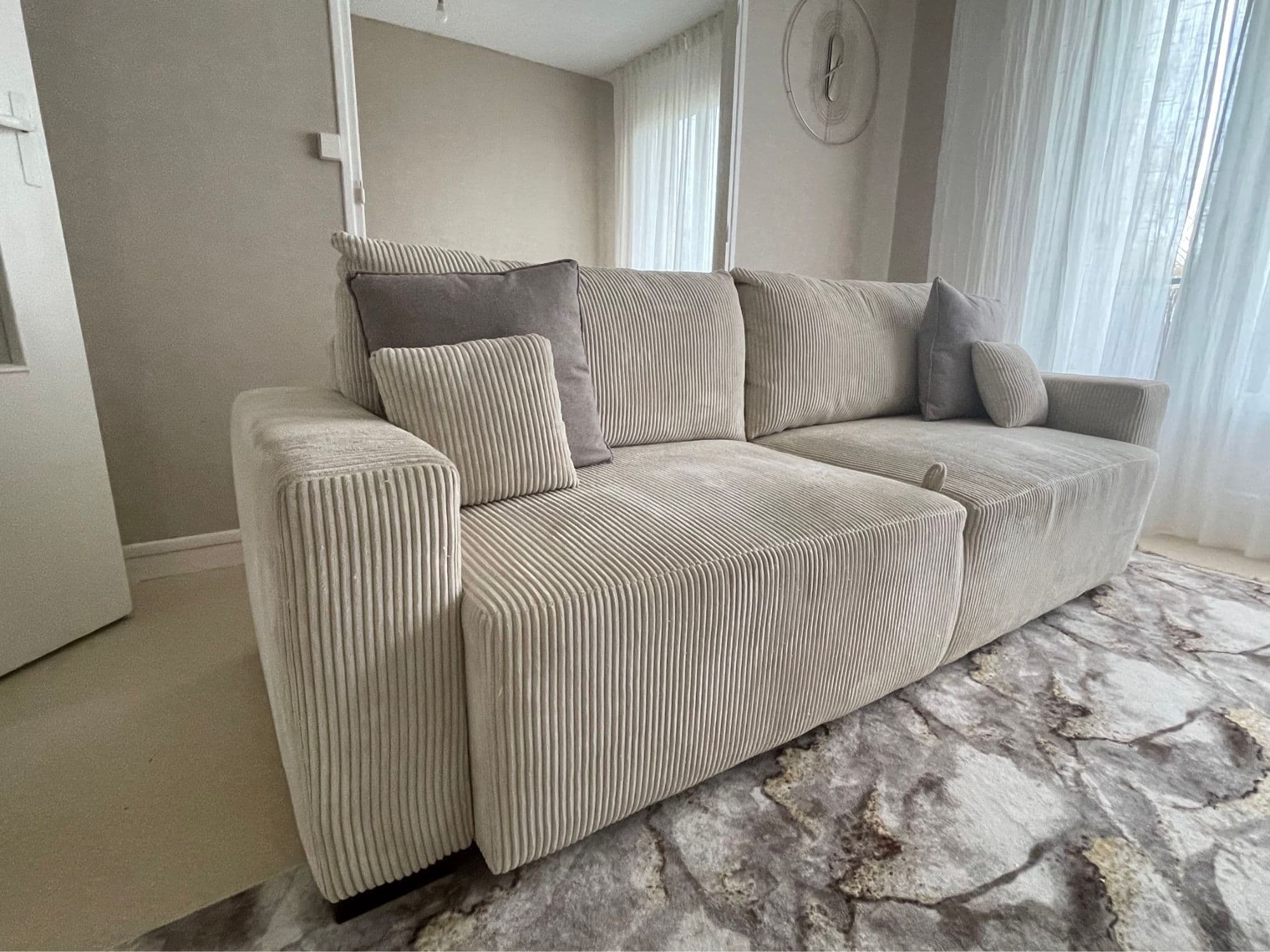 Canapé Droit Beige Convertible Velours Côtelé