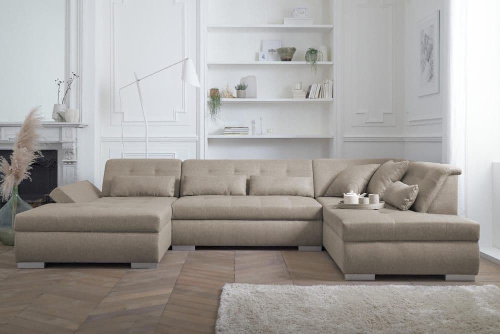 Canapé Panoramique 7 Places Angle Droit En Tissu Beige