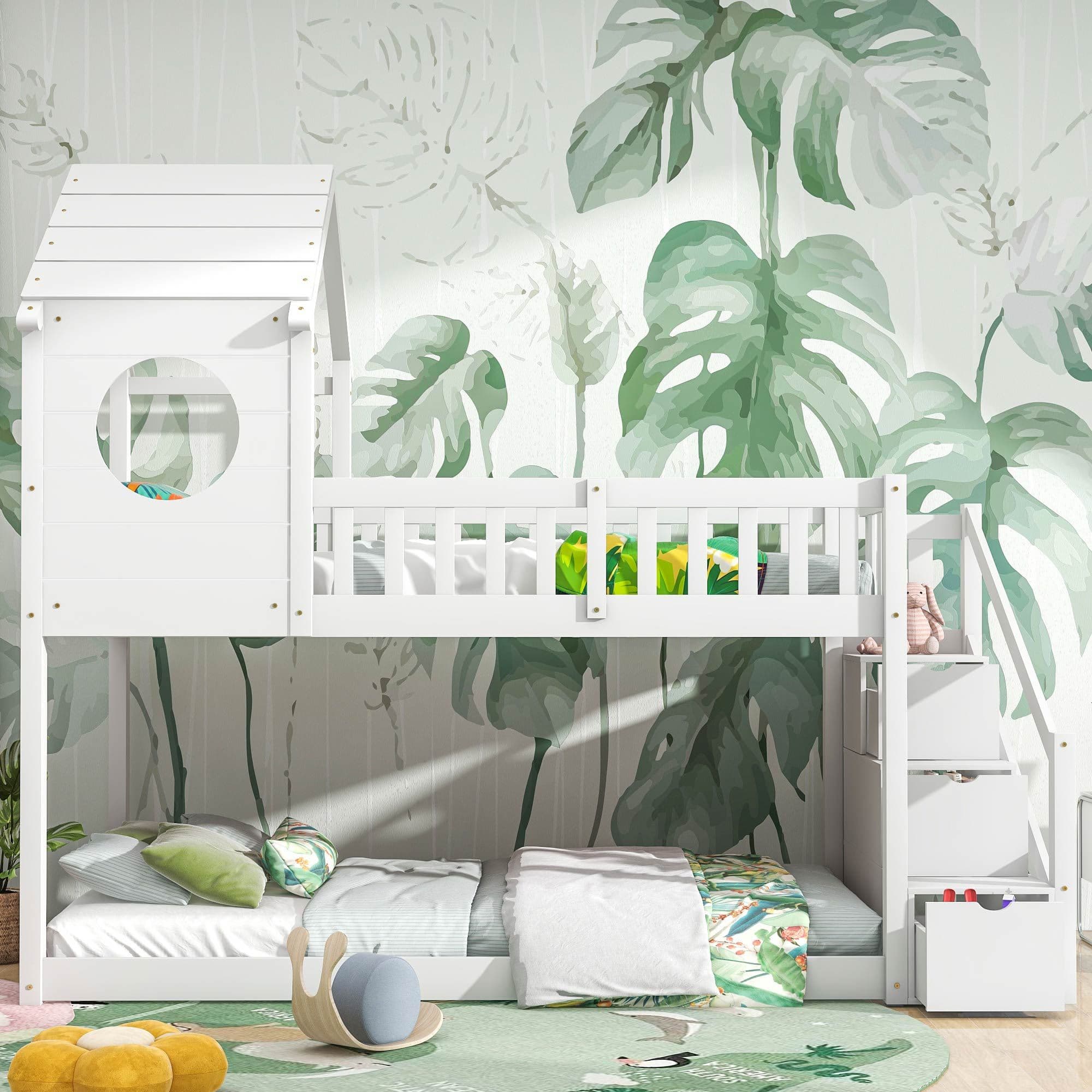 Lit superposé double cabane dans les arbres avec échelle et armoire 90*200cm sans matelas blanc