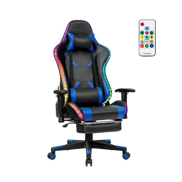 COSTWAY Chaise Gaming RVB , Fauteuil Gamer Éclairage LED 358 Effets en PU avec Dossier, Hauteur et Repose Pieds Réglable Bleu