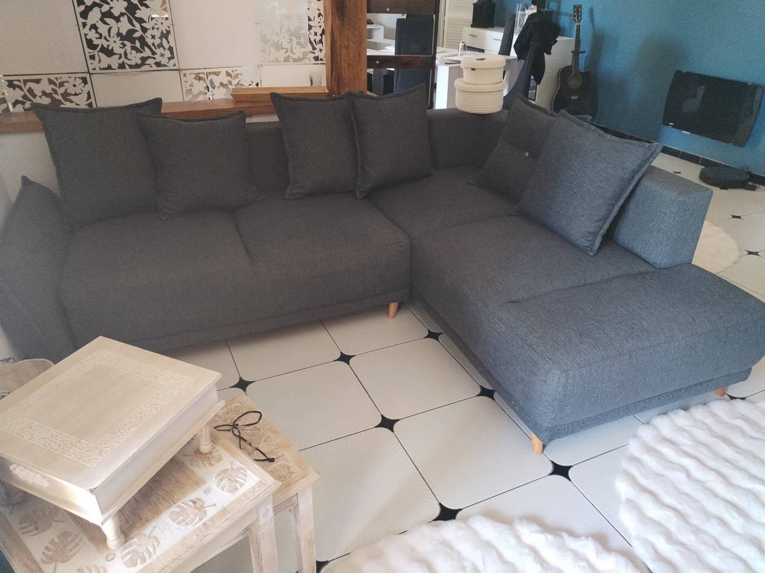 Canapé D'angle Convertible Couleur Gris 6 Coussins