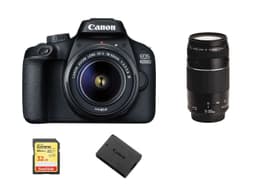 CANON EOS 4000D reflex 18 mpix + objectif KIT EF-S 18-55MM F3.5-5.6 III + objectif EF 75-300MM F4-5.6 III + SD 32Go + LP-E10 Batterie