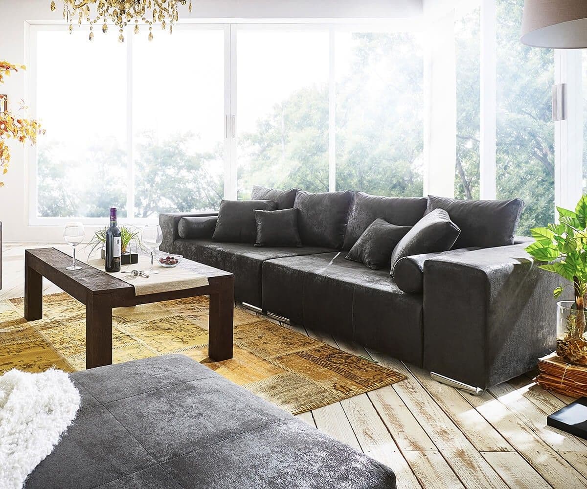 Big-sofa Marbeya anthracite 285x115 cm aspect antique avec coussin grand canapé