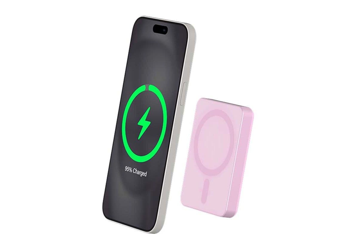 Force Power - Banque D'alimentation Sans Fil - Magnetique, Magsafe, Qi, Garantie À Vie - Lithium Ion / Lithium Polymère - 5000 Mah - 15 Watt - 3 A (24 Pin Usb-C) - Sur Le Câble : Usb-C - Rose...