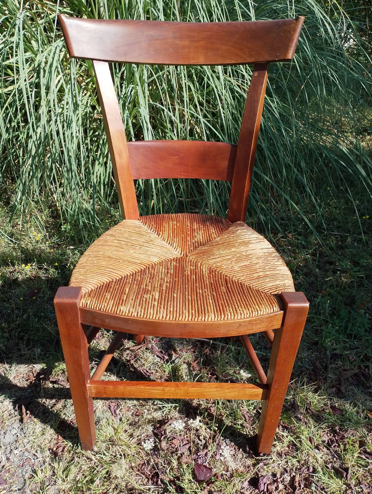 Chaises paillées, montants et pieds en bois, de poids léger.