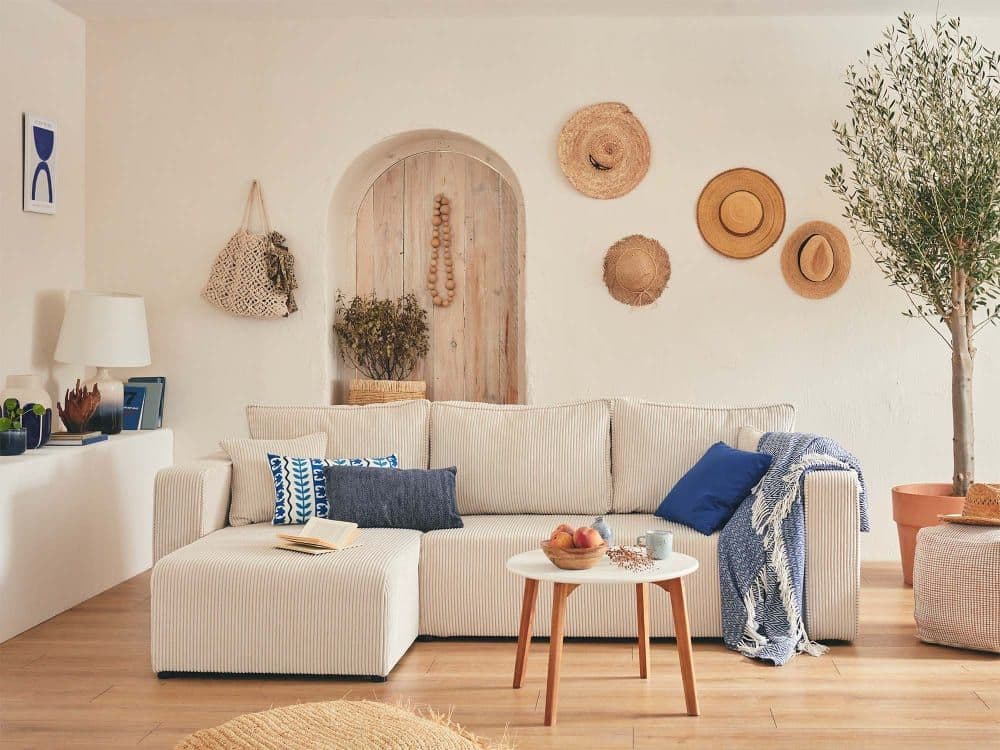 Canapé D'angle Réversible Convertible 4 Places En Velours Côtelé Beige