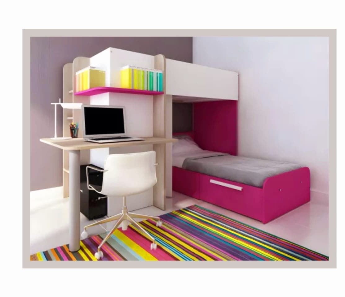 lits superposés SAMUEL  2x 90 x 190cm - armoire et bureau intégrés  -Pin blanc et rose