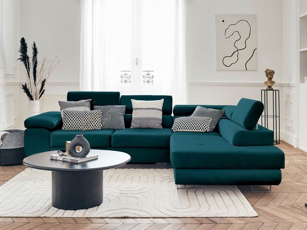 Canapé D'angle Droit Convertible 5 Places En Velours Bleu Canard