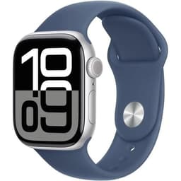 Apple Watch Series 10 (GPS) - 42 mm - aluminium argenté - Montre connectée avec bracelet sport - fluoroélastomère - denim - taille du bracelet : S/M - 64 Go - Wi-Fi 4, Bluetooth, UWB - 30 g