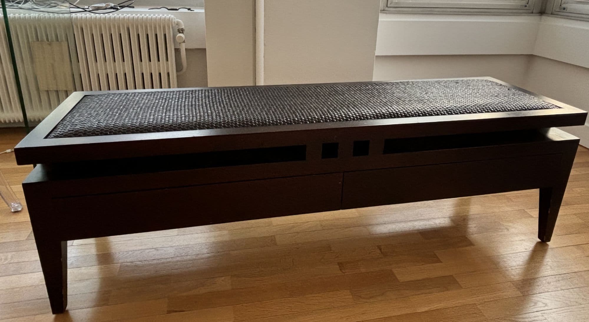 Banc Roche Bobois En Bois Exotique Massif-Assise Tressée ¿ État Impeccable, Design Élégant