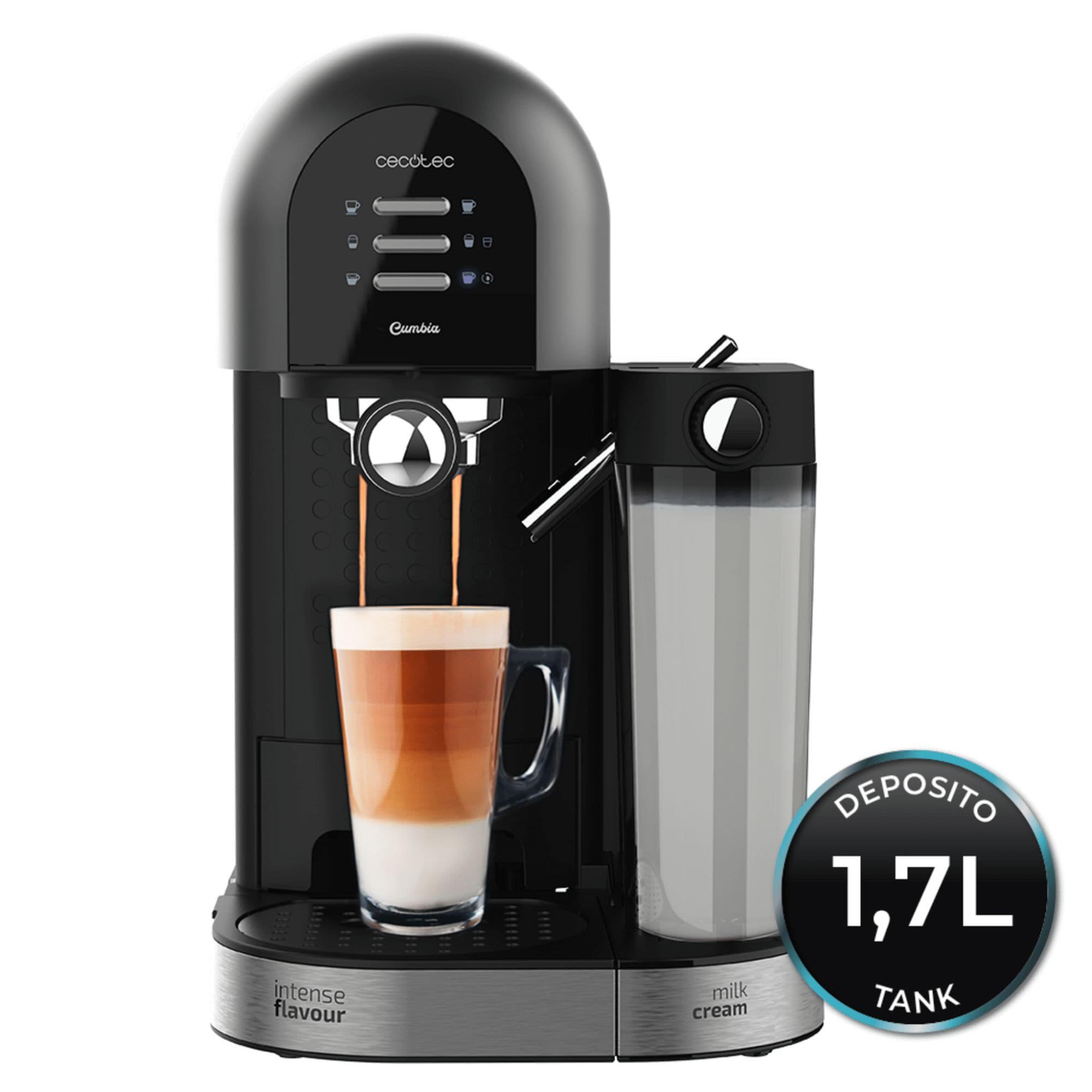 Cecotec Cafetière Semiautomatique Power Instant-Ccino 20 Chic Serie Nera. Café Moulu Et Capsules, 20 Bars, Réservoir À Lait De 0,7l, Réservoir D'eau 1,7l, 1470w