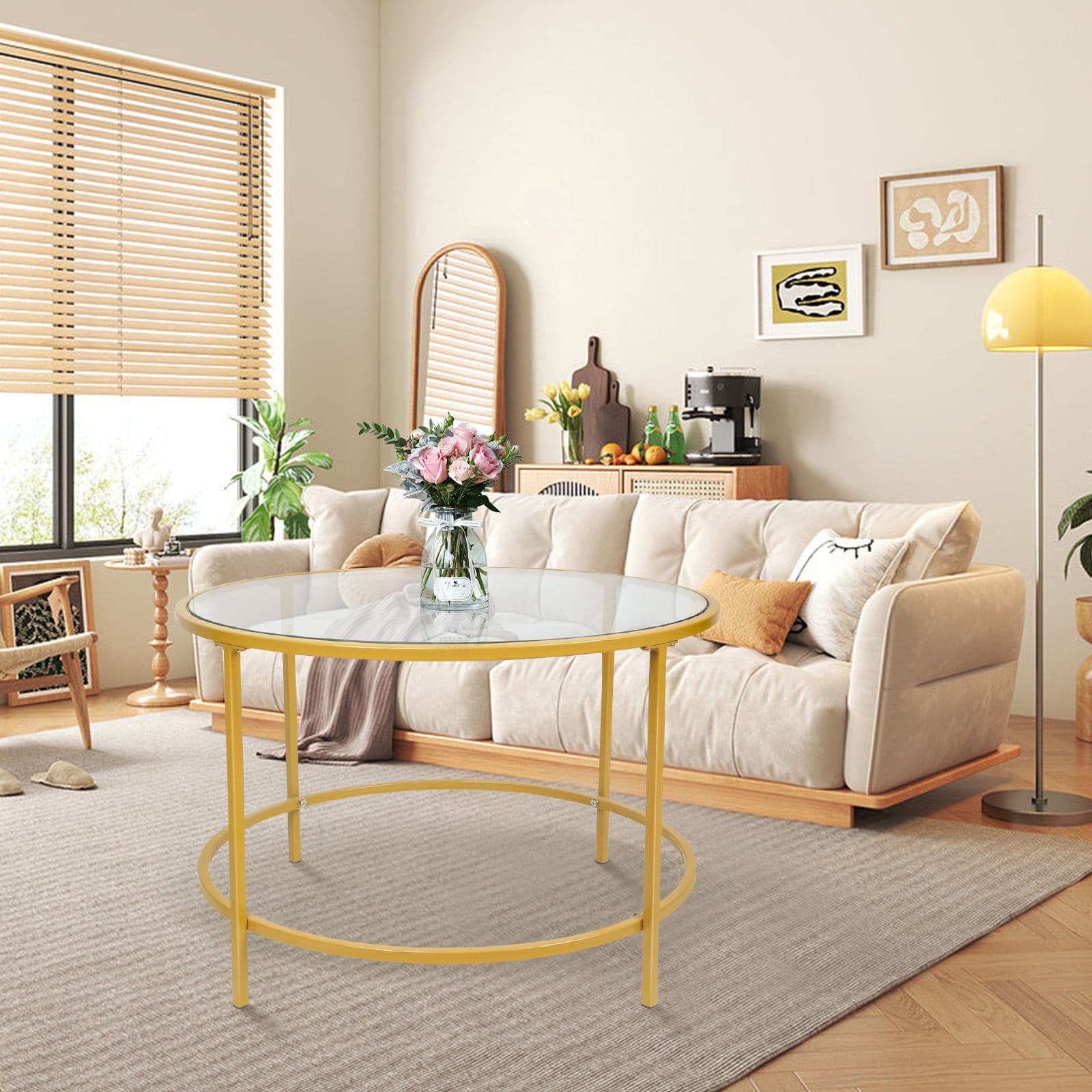 Table Basse Ronde En Verre Avec Pieds Dorés, 70*70*45,5 CM.