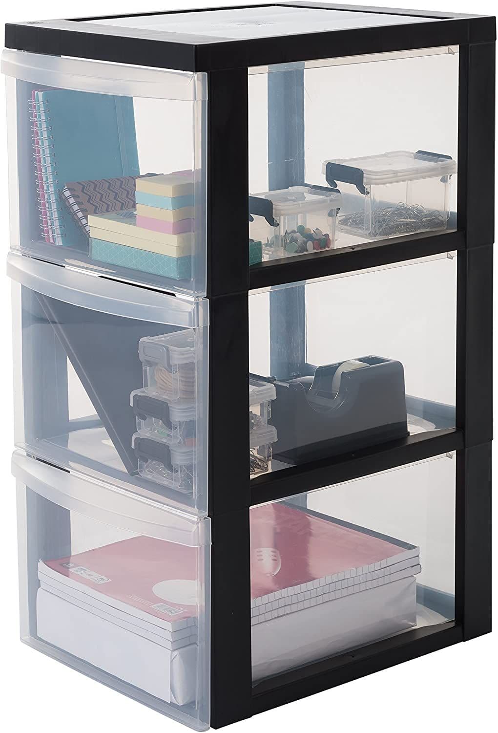 Iris Ohyama, Tour de rangement plastique, Tiroir rangement bureau de 15L, 3 Tiroirs, DC-303, Noir- L40 x P29 x H61.5 cm