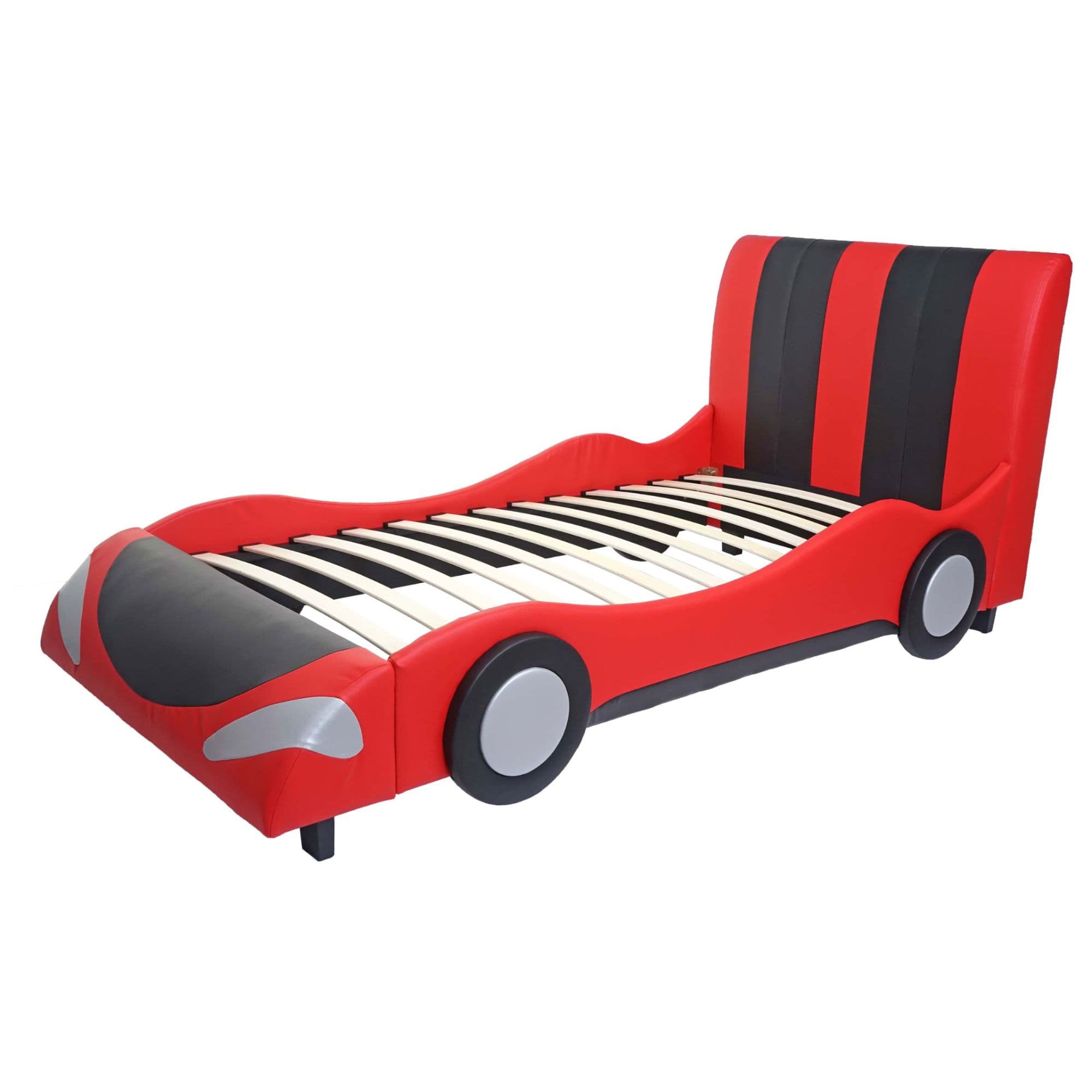 Lit pour enfant voiture garçon sommier à lattes synthétique bois 190x100cm noir rouge 04_0003618