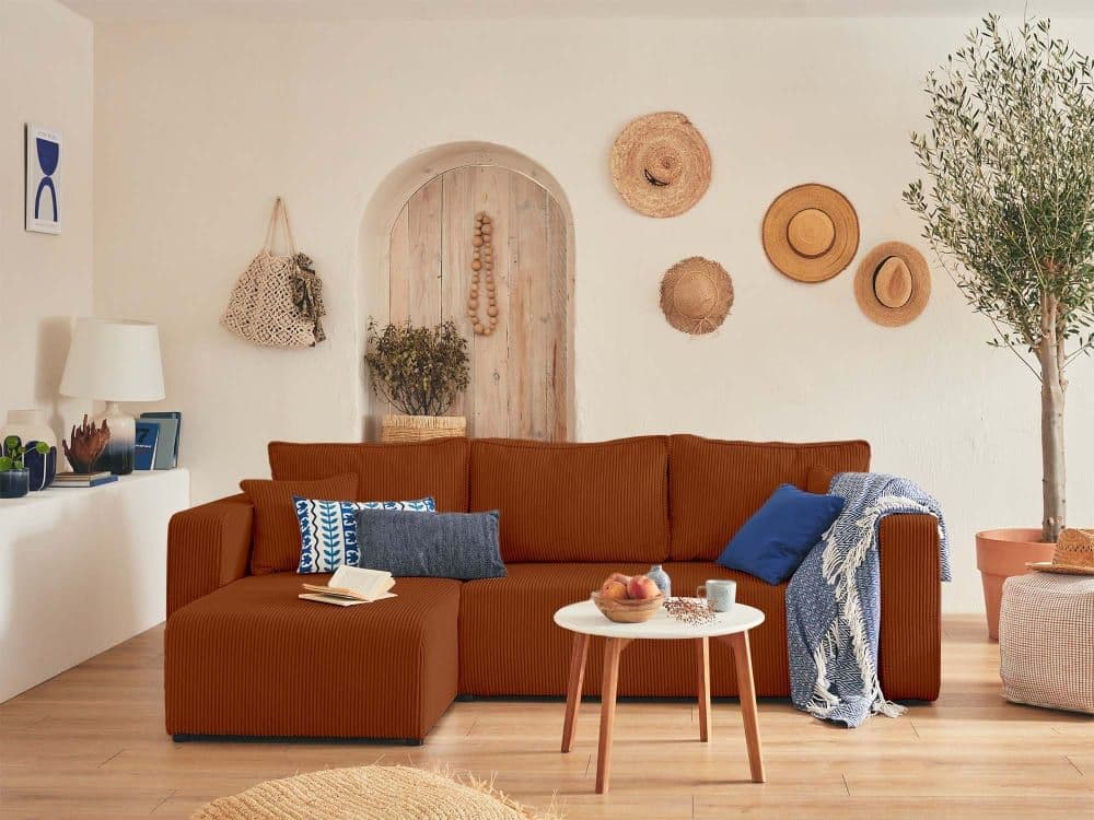 Canapé D'angle Réversible Convertible 4 Places En Velours Côtelé