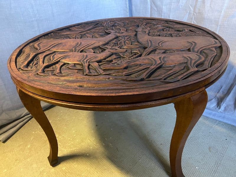 Mobilier D'art Populaire Table Basse Circulaire Bois Massif Sculpté Années 30/40