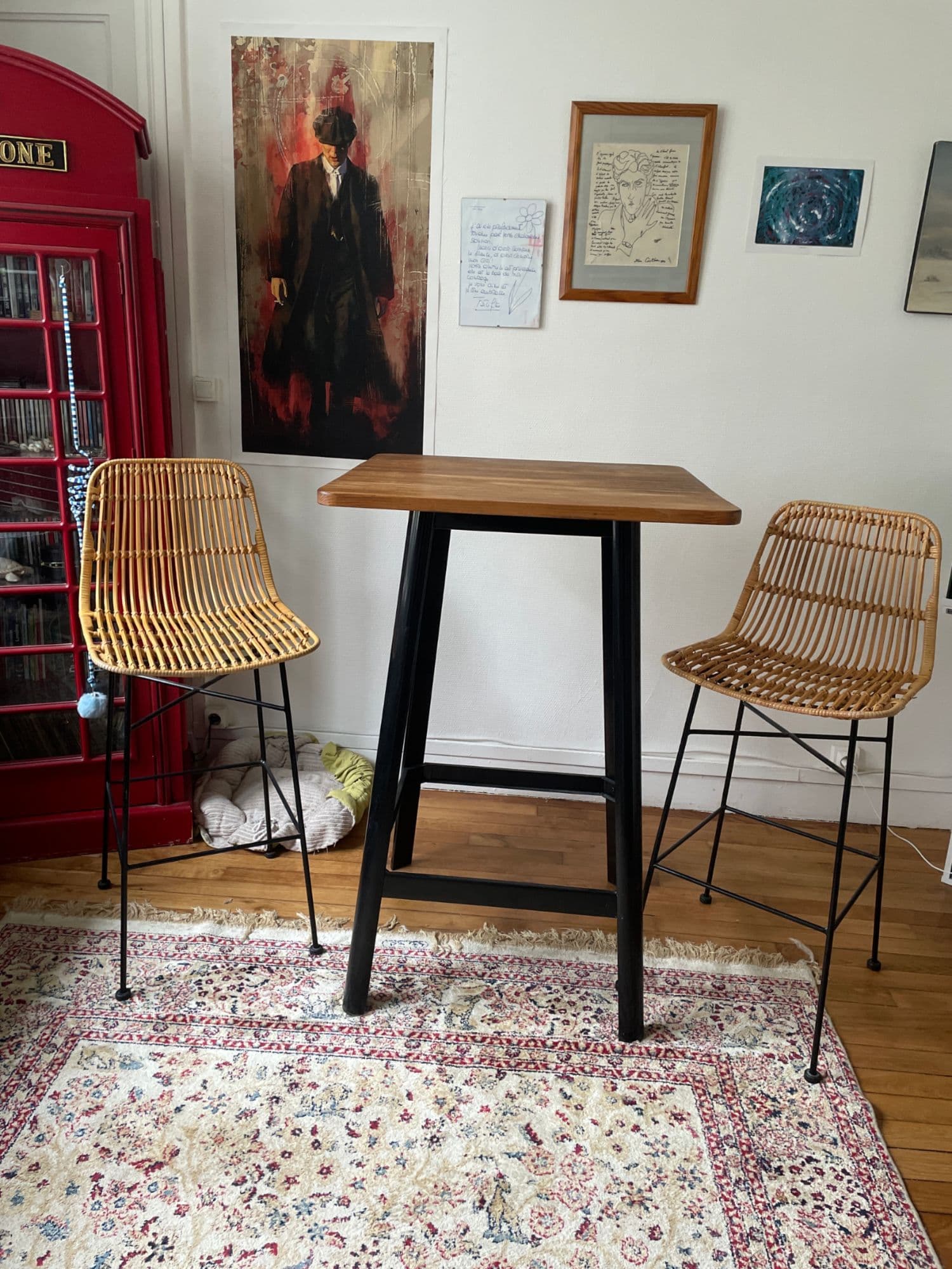 Table Haute En Bois De Bar Avec 2 Chaises En Rotin Haute