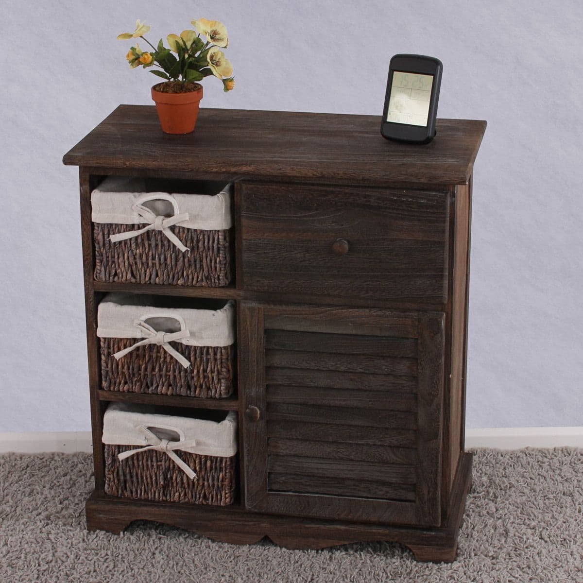 Commode / table d'appoint / armoire, 3 paniers, 1 tiroir, 60x30x63cm, shabby, vintage   marron