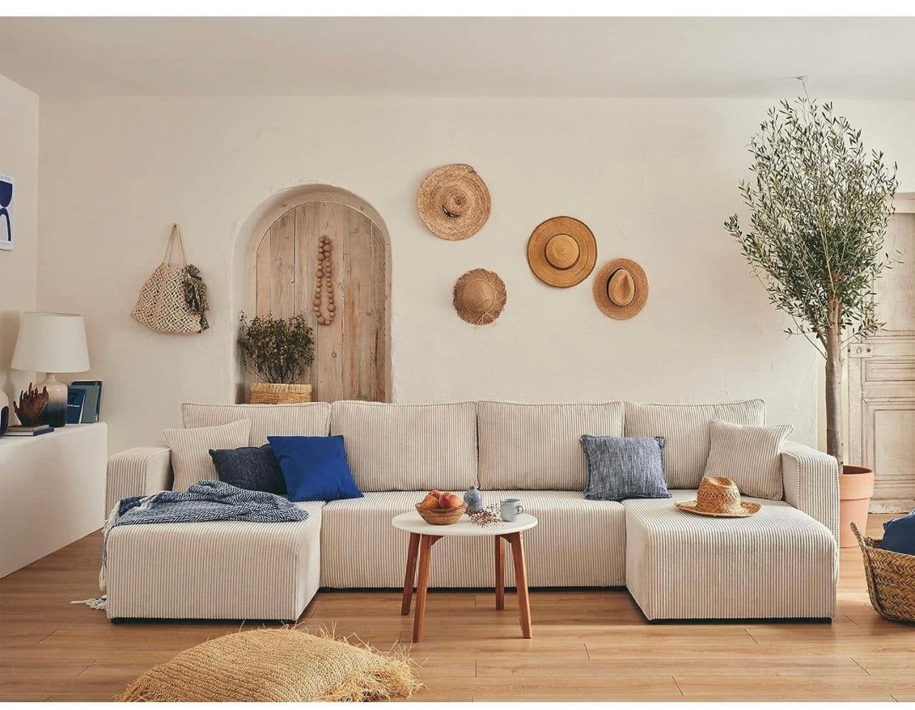 Canapé Panoramique En U 7 Places Convertible Avec Coffre En Velours Côtelé Beige