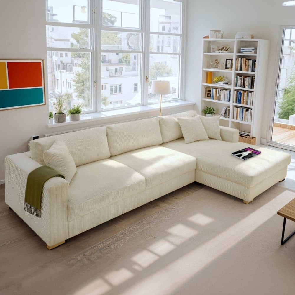 Canapé d'angle droit convertible 5 places en velours côtelé beige