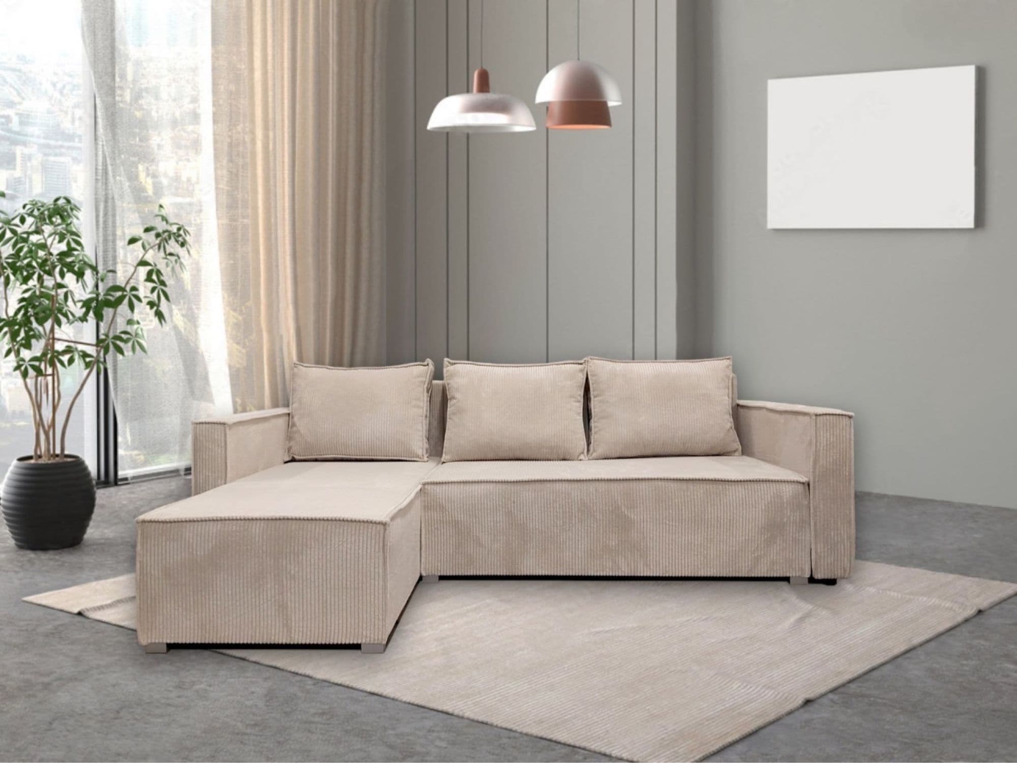 Canape Paris Pearl Convertible Angle Reversible Cotele Ecru 232x147x72cm