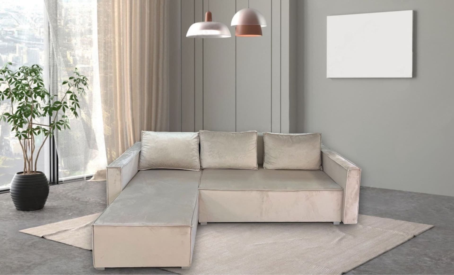 CANAPE PARIS PEARL CONVERTIBLE ANGLE REVERSIBLE VELOURS BEIGE 232x147x72cm