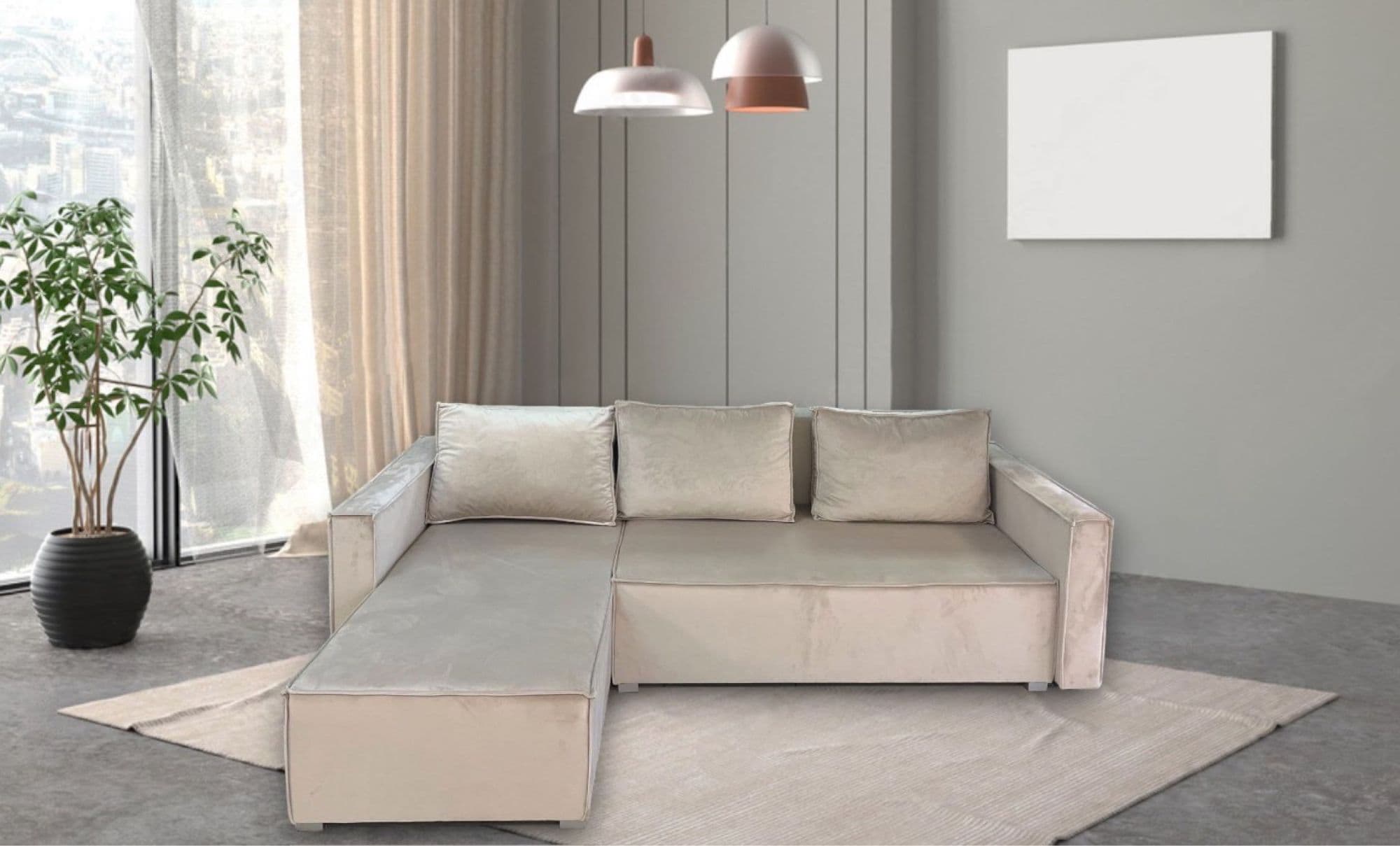 Canape Paris Pearl Convertible Angle Reversible Velours Beige 232x147x72cm