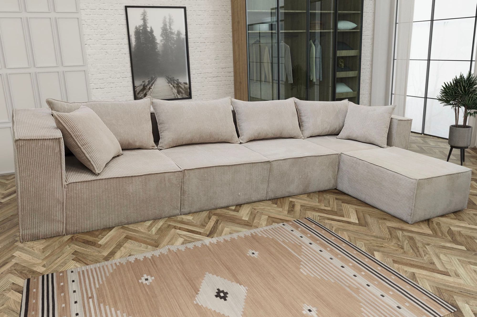 Canape Modulo 4+1 Ctec ( Canape Modulo 4+1 Velours Cotele Ecru Angle Universel 405x192cm)