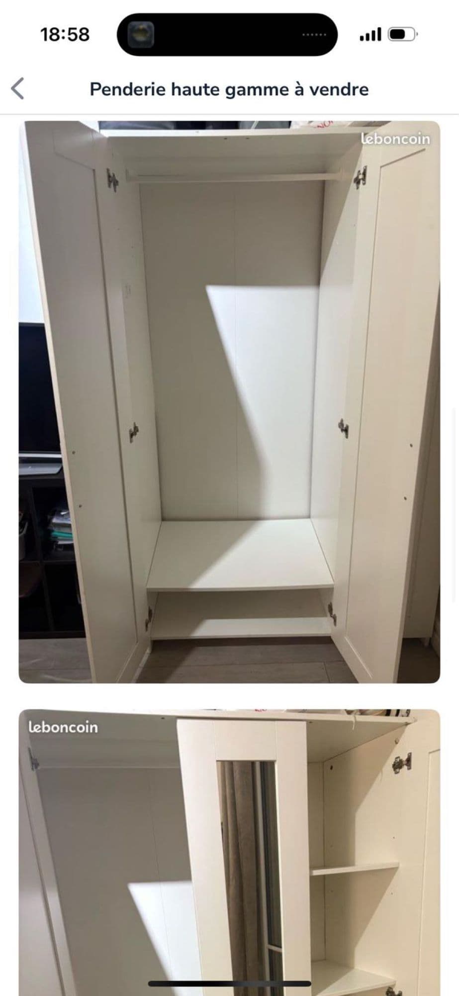 Hauteur : 190 Largeur: 120 Profondeur : 50 Miroir De Façade : 20 Compartiments : 4 Coté Droit, 1 Gauche Espace En Bas Double Portes 80 Cm De Hauteur Avec Cintre (Démontable)