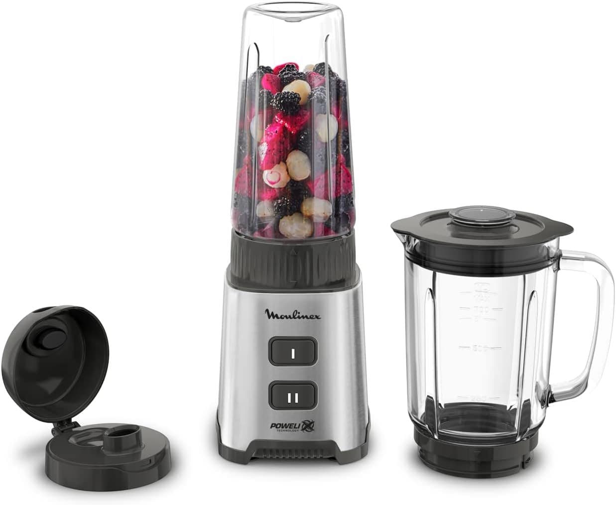 Moulinex Blender, Mini mixeur compact, 400 W, Technologie Powelix, Lames amovibles, 2 vitesses, Contrôle de la texture, Verseuse en verre, Bouteille à emporter en Tritan, Pulseo, Métal LM17GD10