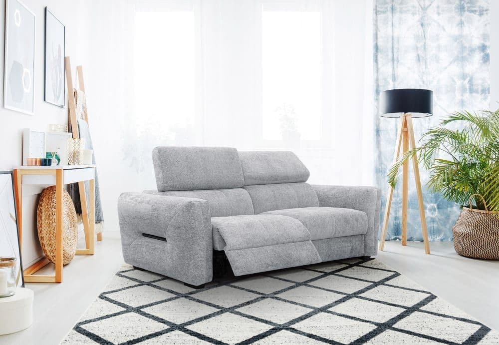 Canapé Droit 3 Places Avec 2 Relax Électriques Tissu Gris Clair