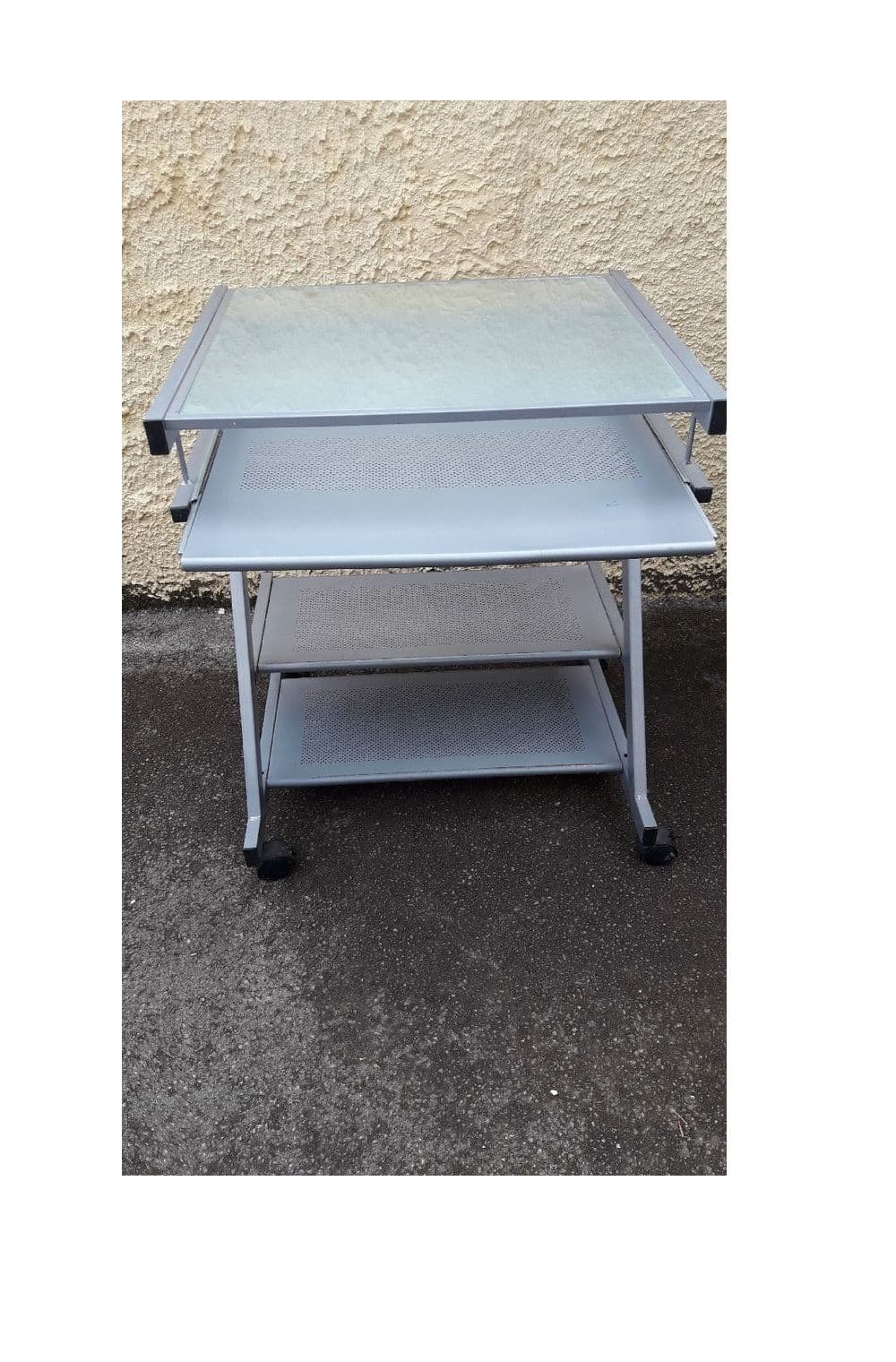 Bureau Meuble Table Metallic 4 Plateaux Tablette 4 Roues Frein Pour Micro Informatic Roulant Dessus En Verre Clayette Rétractable Amovible Escamotab Structur Fer Métal 77 X 63 X 53 Cm Démontabl Solide
