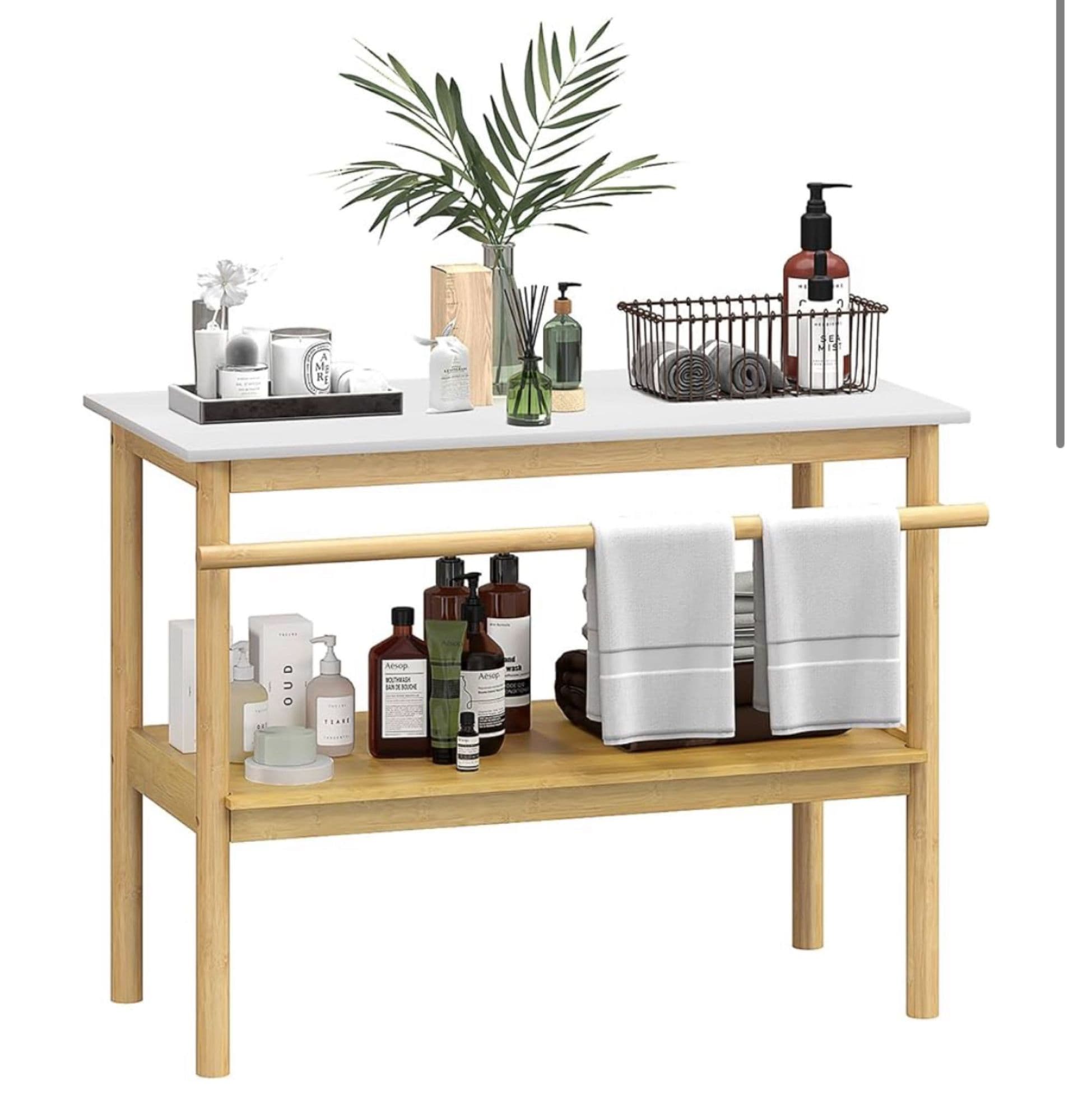 HOMCOM Étagère Salle de Bain Rangement, Meuble Salle de Bain en Bambou à 2 Niveaux avec Barre Porte-Serviettes, étagère Ouverte, dim. 100l x 48P x 75H cm, Naturel et Blanc