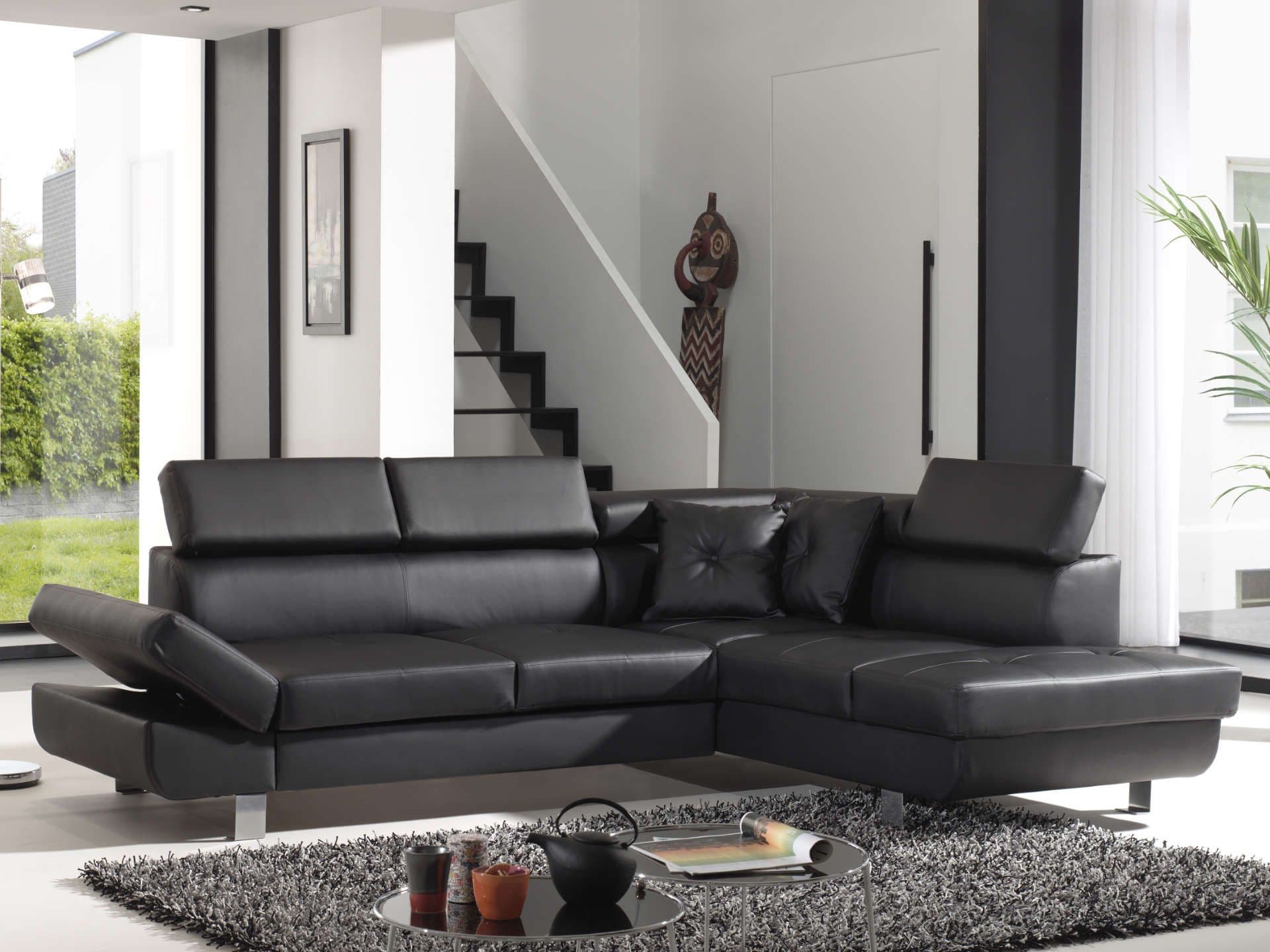 Lisbona - Canapé D'angle Convertible - En Pu - Avec Têtières Réglables - Droit Couleur - Noir