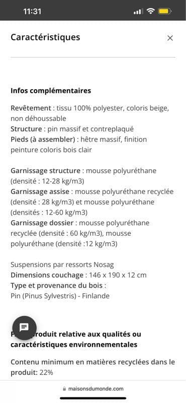 Canapé Nia, également clic-clac, Maison du Monde beige. Très confortable Très bon état. Acheté en décembre. Aucun animal n¿a été dessus