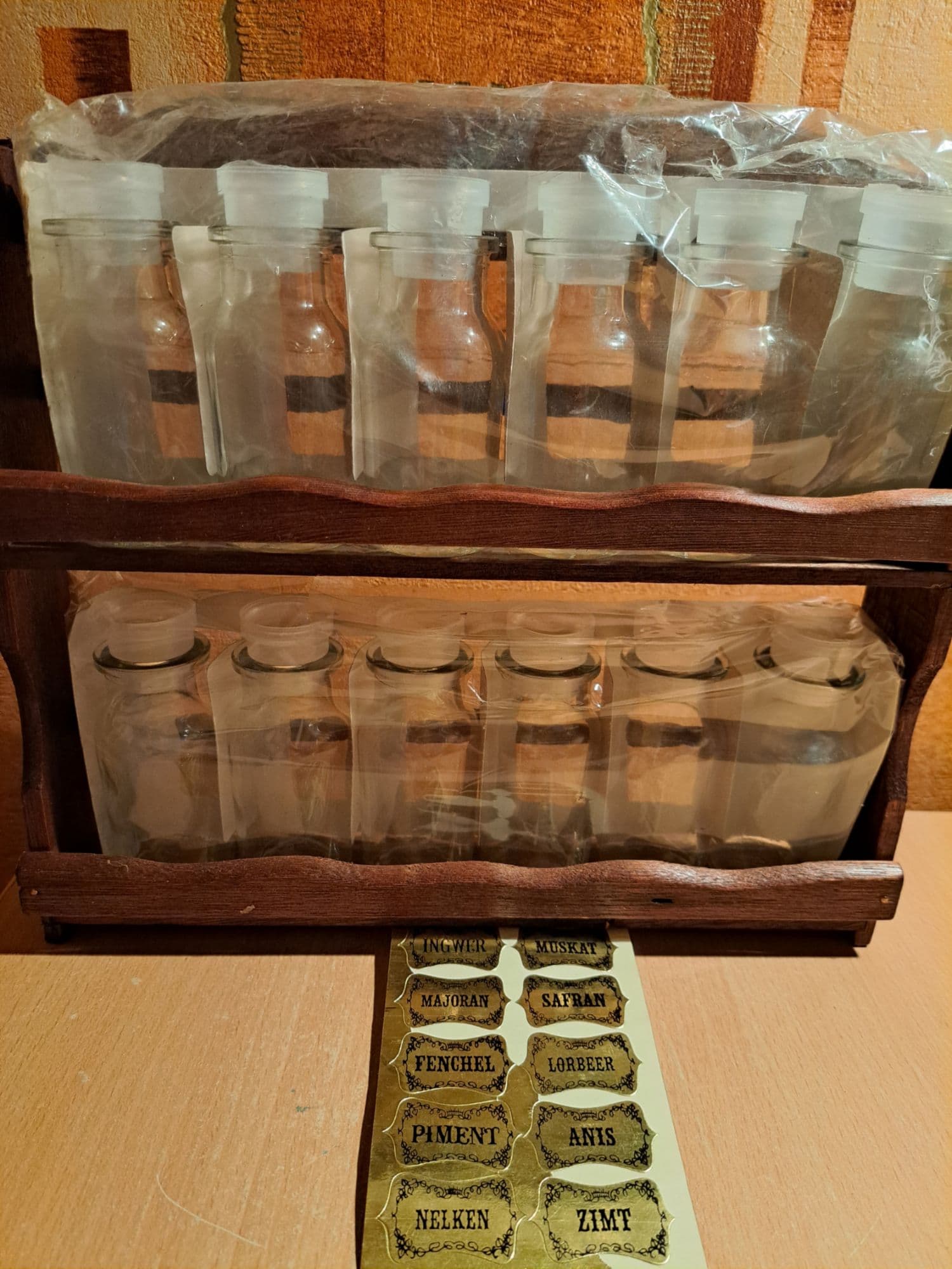 Etagère À Épices Murale Neuves En Bois Avec 12 Pots D'épices Et Étiquettes