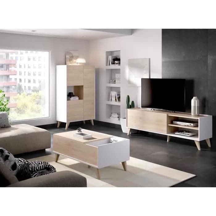 ENSEMBLE MEUBLE TV TABLE BASSE BUFFET NESS - MÉLAMINÉ - STYLE SCANDINAVE - CHENE ET BLANC