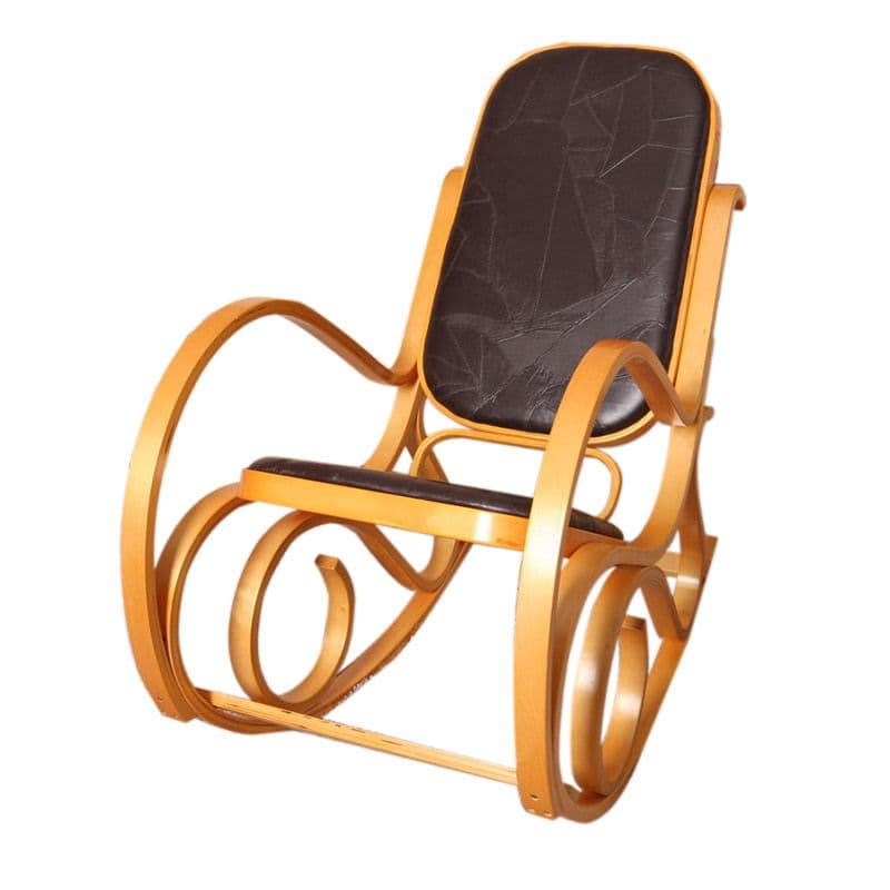 Rocking-chair, fauteuil à bascule M41   imitation bois de chêne, assise en cuir Patchwork, marron