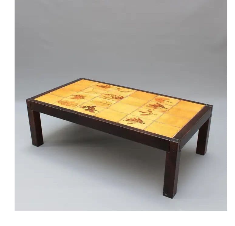 Table Basse 1970 Style Roger Capron 1922-2006 Vallauris France Création Poterie Céramic 101 X55cm Vintage Carreau Faïence Décoratif Herbier Nature Variété D Belle Feuille Rustic Charme Provençal.